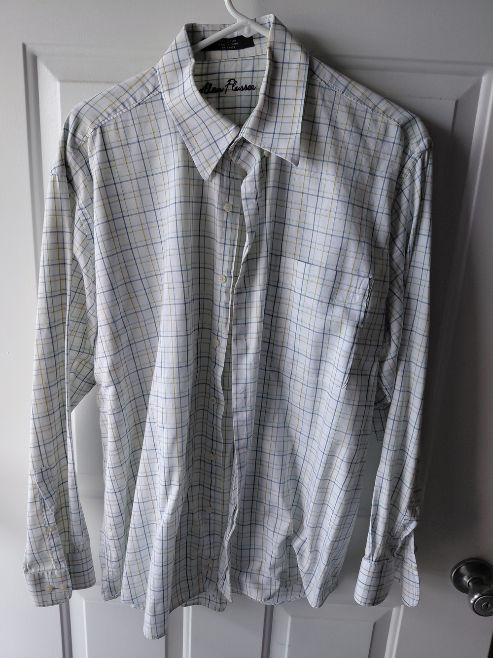Alan Flusser White Plaid Button-Down Shirt with Blue and Yellow Checks